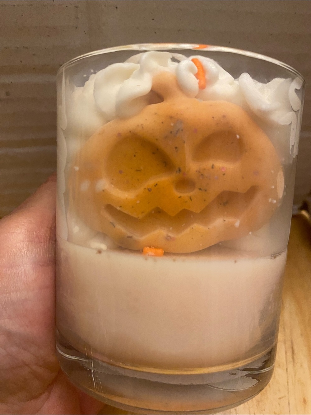 Handcrafted pumpkin candle in glass jar w 2 wicks about 3.5in tall 3in wide new
